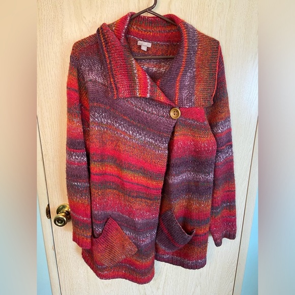 J.JILL Cardigan Petite Chunky Knit Wool Blend One-Button Red Purple Sz Large P - Picture 1 of 9